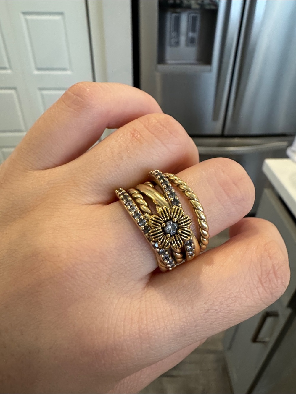 Chunky Daisy Flower Ring Gold Tone CZ Statement Ring